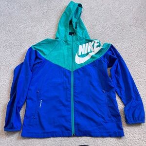 Nike Hooded Hooded Windbreaker Jacket Blue Green White Packable Pockets Size XL